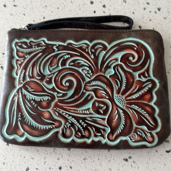 Patricia Nash Cassini Wristlet Leather Brown Turquoise Tooled Floral Zip Closure - Picture 11 of 12